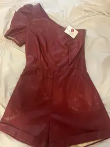 One shoulder burgundy leather romper