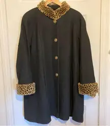 Vintage Herman Kay Wool Peacoat with Leopard Faux Fur Cuffs and Collar