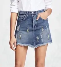 MCGUIRE IZABEL EMBROIDERED BLUE DENIM RAW HEM HIGH RISE MINI SKIRT 26