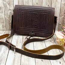 Vintage Hand tooled Embossed Leather Fold Over Crossbody Bag