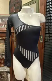 NWT  MAPALE’ Deep Cut Bodysuit: Skin-baring cutouts of striped mesh shoulder off