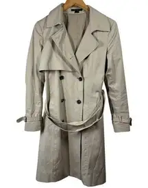 Theory Trench Coat Women L Tan Midi Long Sleeve Double Breast Minimal Career