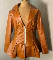 Pressed Brown Zip Up Peplum PU Jacket Swing Coat XL Boho Indie Rocker Glam Retro