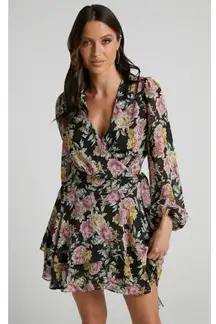 Showpo Jaspha Sheer Detail Ruffle Skirt V Neck Mini Dress In Black Floral