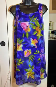 Longitude Blue Tropical Flower Vintage Mesh Dress / Coverup Large