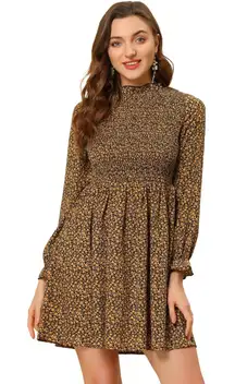 Allegra‎ K Women's Floral Ruffle Neck Long Sleeve A-Line Smocked Dress Size M