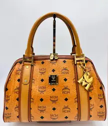 MCM VISETOS SIGNATURE LEATHER COGNAC SATCHEL MEDIUM