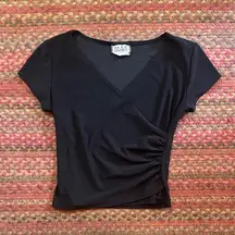 VTG JAZZ SPORT BLACK V NECK WRAP FRONT RUCHED STRETCH BLOUSE