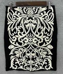 J.McLaughlin Skirt 2 Black Cream Baroque Print Pencil Mod Preppy Quiet Luxury