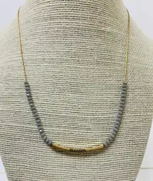 Brushed Gold Blessed Bar & Gray Glass Bead Necklace 