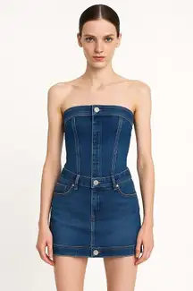 Zara Blue Strapless Tube Bandeau Denim Jeans Crop Top Mini Skirt 2 Pc Set Size S