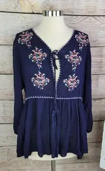 NWT Hummingbird Tassel‎ Keyhole Crepe Navy Blue Top Size Large