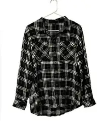 Sanctuary M Long Sleeve Buffalo Plaid Button Down Shirt Black White Work Career