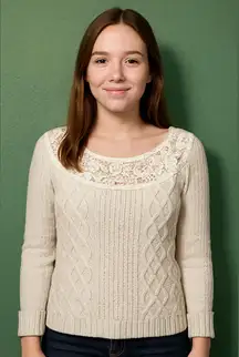 Free People Cream Cable Knit Wool Blend Sweater Lace