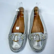 J Crew Driving Moccasins Metallic Silver Leather Driving Shoes Flats Size 9