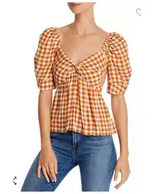 SAYLOR Glenny Gingham Puff Sleeve Top Orange White Size L