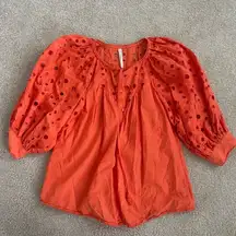 Anthropologie Chantal Eyelet Button Front Puff Sleeve Blouse Top Sz S Orange