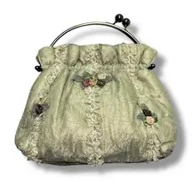 Vintage Malina Artisan Olive Green Lace Floral Rosettes Kiss Lock Purse