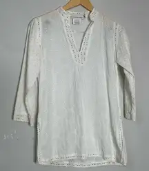 Gretchen Scott Top Tunic Shirt white‎ eyelet lace Cotton 3/4 sleeves Size S
