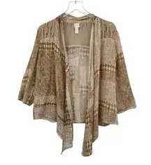 Chico's cardigan size M 100% linen crochet open front cropped aztec boho