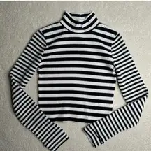 Aerie: Black and White Striped Waffle Mockneck Long Sleeve