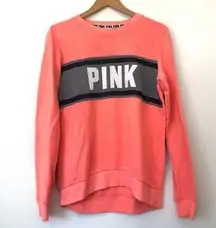 PINK VS VICTORIAS SECRET Neon Coral Orange PINK Stripe Crewneck Sweatshirt Small