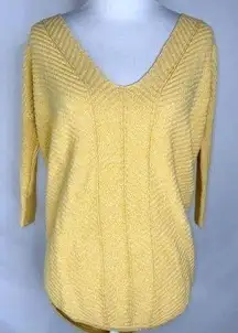 Yellow 3/4 Sleeve Loose Fitting V-Neck Herringbone Round  Hem Sweater XS