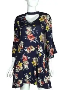 Boho Dark floral choker mini dress‎ with statement ruffle sleeve S