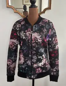 Bebe Sport Floral Bomber Jacket Women's Medium Multicolor Rhinestone Accents