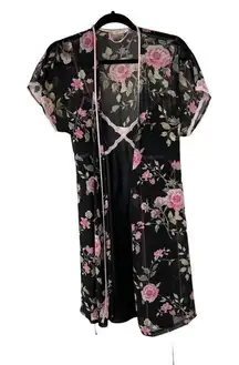 Vintage California Dynasty Pink‎ Black Floral Camisole & Robe Set