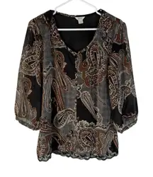 Christopher & Banks Y2k Paisley Sheer Blouse L 3/4 Lace Boho Grunge Western