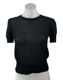 Muse Women's Black Crochet Knit Crewneck Short Puff Sleeve Crop Sweater Top S/P