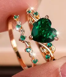 Emerald Green Heart Ring Set • Floral Engagement Wedding Set • Size 6 NWT