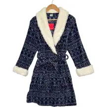 New Ulta Beauty Robe Womens S M Blue White Sherpa Belted Fleece Fair Isle Cozy