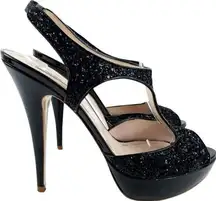MIU MIU Black Glitter Open Toe Platforms s…