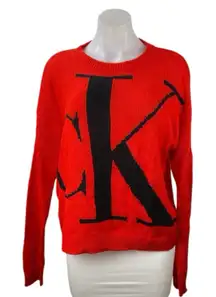 Calvin Klein Jeans Women's Red CK Logo Long Sleeve Crewneck Sweater Top Size S