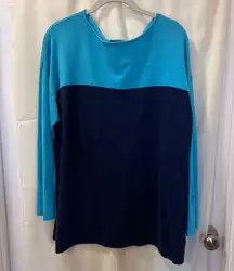 Chaps Color Block Turquoise Navy Long Sleeve‎ Sweater Tunic Casual Comfort-1X