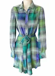 NWT ~ BCBG MAXAZARIA Blue &amp; Green Plaid Long Sleeve SILK Dress ~ Women&#x27;s XS
