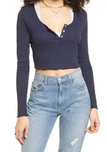 BP  Women Navy Blue Long Sleeve Scoop Henley Neck Rib Knit Crop Top Large NWT