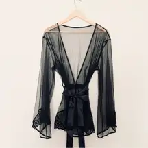 Yandy Vintage Style Black Lace Robe Ribbon Tie Kimono Sleeve Goth Size L/XL NEW