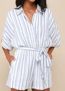 NWT Lulus Medium Sun-Drenched Sweetie White and Blue Striped Button-Up Romper