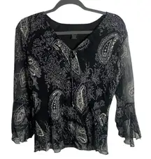 Vintage Anne Carson Size M Silk Black Paisley Sequin Flare Sleeve Fairy Sheer