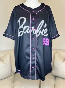 BARBIE Baseball Jersey Top Pink Black Rise & Shine Button Up Shirt Mattel Large