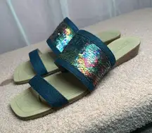 Tahari Fern Rainbow Sequin Slides Women’s Sandals Denim Slip On Flip Flops 8M