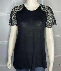 A Pea In The Pod Maternity Black Short Lace Sleeve Linen Blouse Size Small