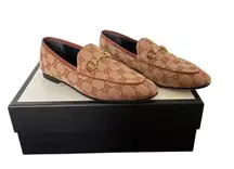 Gucci Jordaan GG Monogram Canvas Horsebit Loafers Beige Brown Flats Size EU 36.5
