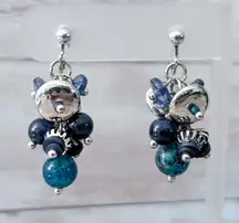 Vintage Clip On Earrings Blue & Silver Tone Cluster Dangle Statement