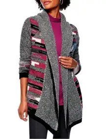 NWT Nic + Zoe Sweater Orchard Hooded Cardigan Black Maroon Multi Size Medium NEW