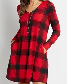 Maurices Red Buffalo Plaid Cozy Pocket Long Sleeve Shift Dress