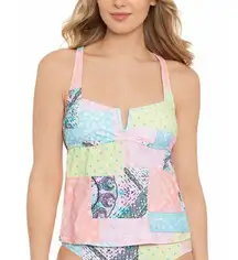 Salt & Cove Womens Patchwork Tankini Swim Top V-Wire Pink Blue Multicolor Size L